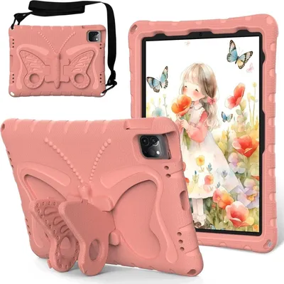 Produktbild von Kinder Hülle für iPad Pro 11 2024/2022/2021/2020/2018, iPad Pro 11" M4 Leicht Stoßfeste EVA Kindgerechtes Schutzhülle mit Schultergurt, Schmetterlings-Ständer Pink