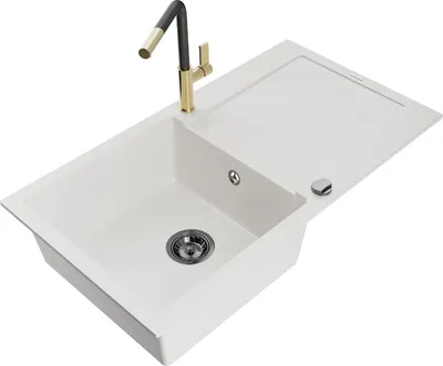 Produktbild von Mexen Leo 1 Becken-Granitspüle mit Abtropffläche und Mischbatterie Flora, Weiß - 6501-20-670401-57-B