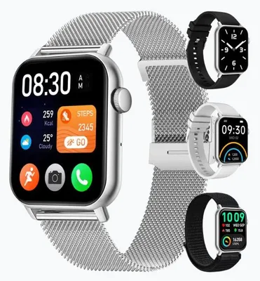 Produktbild von Siltcon Smartwatch Pro Herren und Damen mit Telefonfunktion – 1,85 Zoll AMOLED, 123 Sportmodi und Schrittzähler – 4 Armbänder – Silber