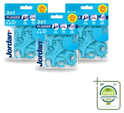 Produktbild von 3 x Jordan 3-in-1 Flosser - Zahnseide, Zahnstocher und Zungenreiniger - Großpackung - 3 Stücke