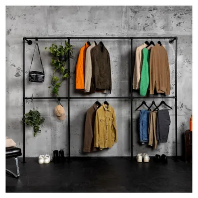 Produktbild von Kleiderstange Garderobe Kleiderschrank Industrial Design für die Wand | Höhe: 210 cm x Breite: 310 cm | Schwarz | Wandmontage | Wandgarderobe | begehbarer Kleiderschrank