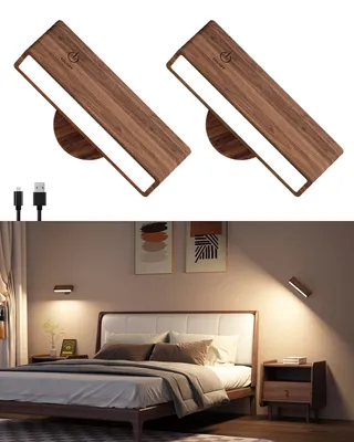 2er-Set LED-Wandleuchte, Akku, dimmbar, Touch, 360° drehbar, Holz