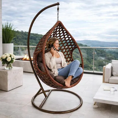 Produktbild von Polyrattan Hängesessel Outdoor Hängestuhl Rattan Gartenstuhl + Sitzkissen Braun