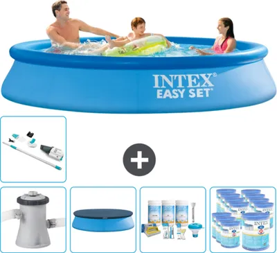 Produktbild von Intex runder aufblasbarer Easy Set-Schwimmpool – 305 x 61 cm – Blau – inklusive Pumpe Abdeckung - Wartungspaket - Filter - Staubsauger