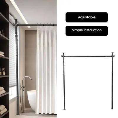 Obrázek produktu pro Rozdělovač prostoru – konstrukce s 3 tyčemi – výškově nastavitelný 110–300 cm – šířkově nastavitelný 70–175 cm – montáž bez vrtání do stropu/podlahy – ocelový rám, hmotnost 15 kg – černá barva