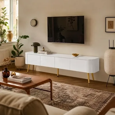 Produktbild von TV-Lowboard Weiß Hochglanz 140x24x36cm MDF, freistehend / wandhängend, 3-farbige USB-LED, 2 Schubladen + 2 Klapptüren, abgerundete Ecken