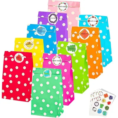 Produktbild von Geschenktüten Kindergeburtstag 50 Stück Bunt mit 60 Aufklebern 13x8x24 cm Kraftpapier