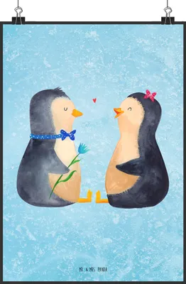 Produktbild von Mr. & Mrs. Panda Bild Pinguin Pärchen DIN A0 - Eisblau - Geschenk, wanddeko, Hochzeit, Liebe, Pinguine, Verknallt, Deko, drucke, Posterdruck
