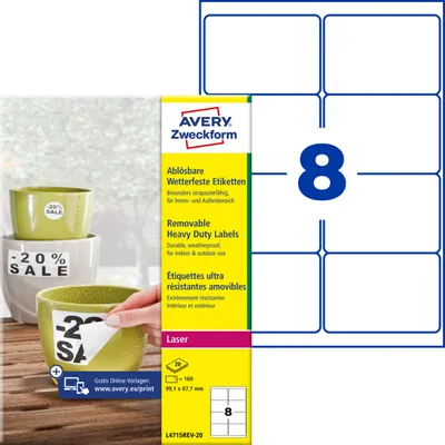 Produktbild von Avery Zweckform L4715REV-20, Wetterfeste Etiketten, ablösbar, A4, 99,1 x 67,7 mm, 160 Etiketten / 20 Bögen, weiß