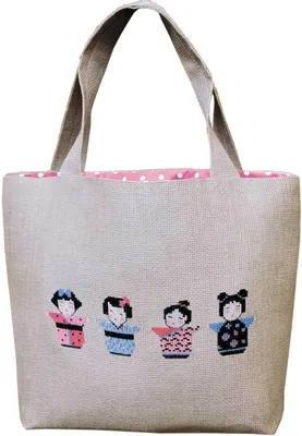 Imagen del producto de Kit de bordado a punto de cruz "Kokeshi", modelo "Le Bonheur des Dames", para bolso, con patrón de conteo, dimensiones: 31x33x8 cm