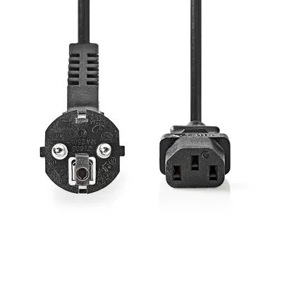 Produktbild von Nedis Stromkabel - Schutzkontaktstecker - IEC-320-C13 - Abgewinkelt - Gerade - Vernickelt - 2.00 m - Rund - PVC - Schwarz - Verpackung mit Sichtfenster