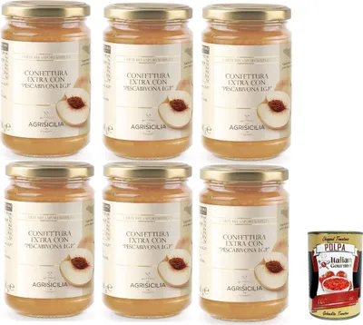 Produktbild von Agrisicilia Confettura Pescabivona I.G.P., Extra Marmelade mit "Pfirsich of bivona I.G.P.", sizilianische hochwertige Obst, handwerkliche Verarbeitung, 3x 360g + Italian Gourmet polpa 400g