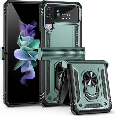 Produktbild von Galaxy Z Flip4 Hülle, Dual Layer Robust Militäre Scharnierschutz Schutzhülle mit Ringhalterung Ständer für Samsung Galaxy Z Flip 4 5G Grün