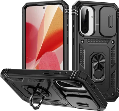 Produktbild von Hülle für Samsung Galaxy A56, Schiebe Kamera Schutz Stoßfest Schutzhülle mit Ringhalterung Ständer Schwarz