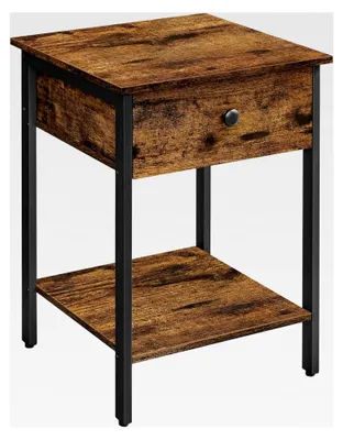 Produktbild von Nachttisch, Nachtkommode, Beistelltisch mit Schublade und Ablage, 40 x 40 x 55 cm, Schlafzimmer, Wohnzimmer, Stahlrahmen, einfacher Aufbau, vintagebraun-schwarz