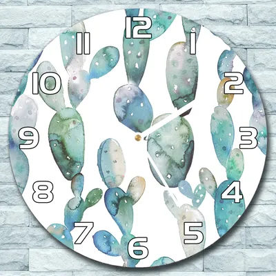 Produktbild von Wanduhr aus Glas Rund fi 30 Aquarell Kakteen Quarz Deko Wohnzimmer Büro