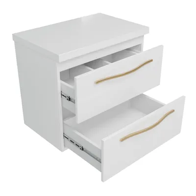 Produktbild von Waschtischschrank 60 cm mit weißer Platte 2 Schubladen Weiß Hochglanz / Soft-Close, Vollauszug, geräumiger Stauraum, für Aufsatzwaschbecken