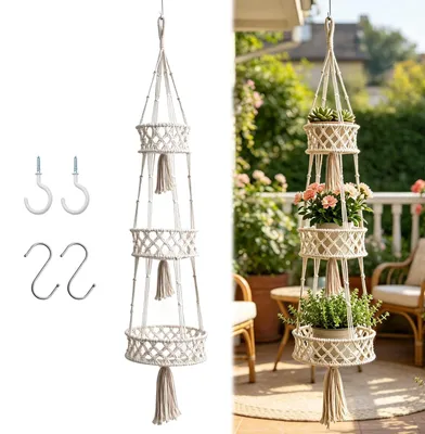 Immagine prodotto di Omgoods - Appendiabiti in macramè realizzato con corda di cotone - Vaso sospeso in stile boho per piante