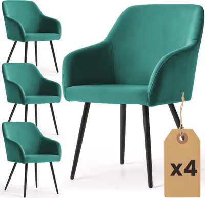 Produktbild von 4er Set Glatte Velours Esszimmerstühle ESTELLE Dunkelgrün mit schwarzen Beinen
