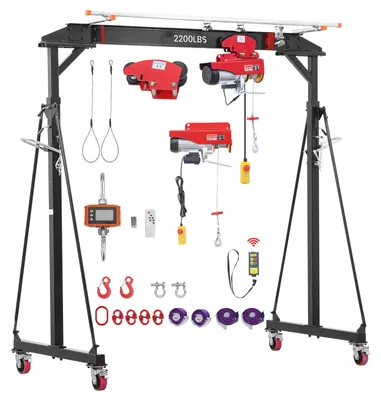 Produktbild von SucceBuy Mobiler Portalkran mit 997,9 kg Tragkraft, höhenverstellbar von 243-363 cm, Stahl-Ladekran für Werkstatt, mit manueller Laufkatze, Elektrokettenzug und 360° Feststellrollen, ideal für Hebearbeiten