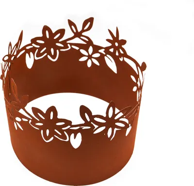 A rust-colored metal garden border with a floral cut-out design.