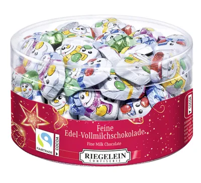 Zdjęcie produktu dla Riegelein, czekoladki w kształcie bałwanków, mleczna czekolada, 400g, pojedynczo zapakowane
