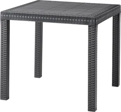 Zdjęcie produktu dla Kwadratowy stół ogrodowy 80 x 80 cm z tworzywa sztucznego imitującego wiklinę, z regulowanymi nogami i otworem na parasol w środku – Nasa – czarny