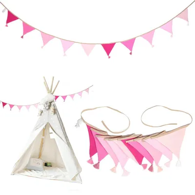 Image de Guirlande de fanions pour chambre d'enfant, 2,6 mètres, rose, en coton, 1 pièce