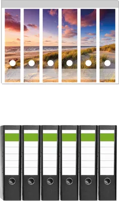 Produktbild von Wallario 6 Stück breite Ordner inkl. Klebeetiketten mit Motive Abendspaziergang am Strand - Sonnenuntergang über dem Meer -  Set mit Rückenschildern / Ordnerrücken Stickern