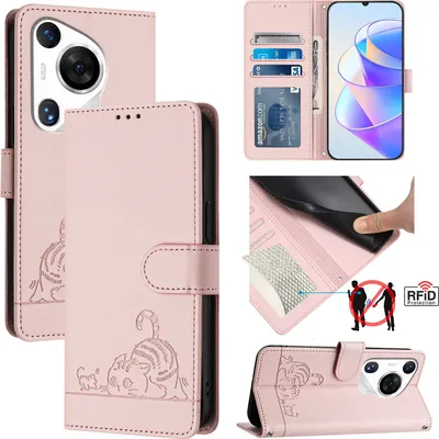 Produktbild von Leder Hülle für Huawei Pura 70 Pro Süße Katze Flip Case Brieftasche Schutzhülle mit Standfunktion Pink