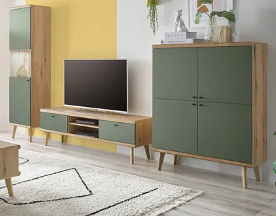Produktbild von Wohnwand "Juna" in Salbei und Eiche Wohnkombination skandinavisch 3-teilig 337 cm