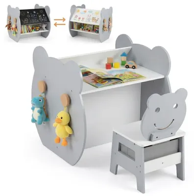 Produktbild von KOMFOTTEU Kindertisch und -stuhl Set, 3 in 1 Aktivitäts-Tisch Set mit Stauraum, Haken, wendbarer Whiteboard- und Kreidetafel, Stoffschublade, Kunsttisch Set für Jungen und Mädchen 3-10 Jahren