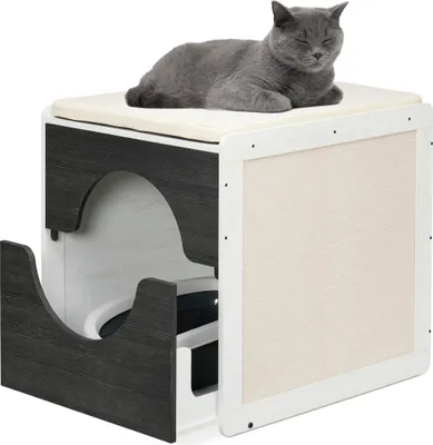 Image de Meuble pour bac à litière Relaxdays, pour cacher le bac à litière, tiroir coulissant, dimensions : 57 x 50 x 60 cm, blanc/gris