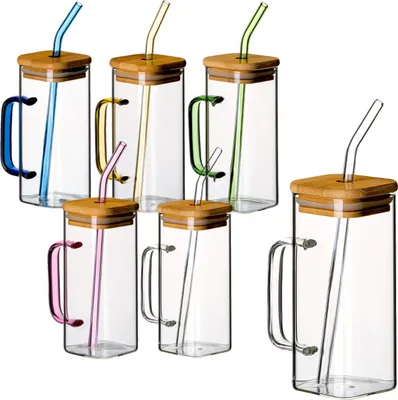 Produktbild von gouveo 6er Set Trinkgläser 350 ml Mix mit Henkel, Deckel und Strohhalm - Cocktailgläser aus Borosilikatglas - Glasbecher für Kalt- und Heißgetränke