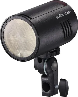 A black Godox AD100 Pro camera flash unit is mounted on a black bracket against a white background.