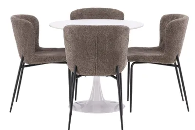Produktbild von Hamden Essgruppe Esstisch weiß 4 Stühle Bouclé braun.