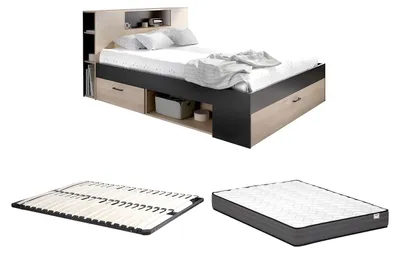 Produktbild von Bett mit Kopfteil, Stauraum & Schubladen + Lattenrost + Matratze - 140 x 190 cm - Naturfarben & Anthrazit - LEANDRE