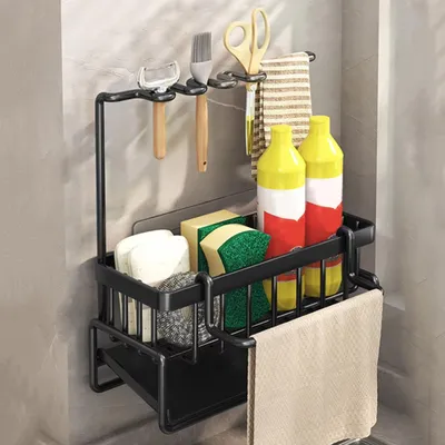 Produktbild von Spülutensilien, Küchenorganizer-Set, Spülbecken Organizer, Küche Spüle Organizer, Küchenregale, mit herausnehmbarer Auffangwanne, 23x9x25cm,Schwarz