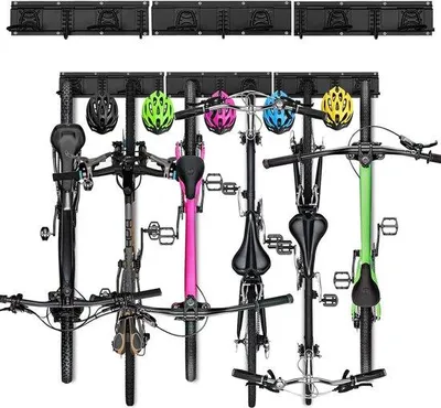 Obrázok produktu pre Držiak na bicykle Unyqoos® – nástenná montáž pre 6 bicyklov a 5 prilieb, nastaviteľné háčiky na 3 koľajničkách, oceľ s práškovým nástrekom, 11 háčikov, maximálna nosnosť 200 kg