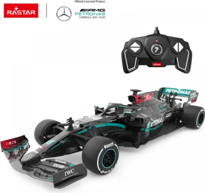 A remote-controlled Mercedes-AMG F1 W11 EQ Performance car and its remote control are displayed against a white background.