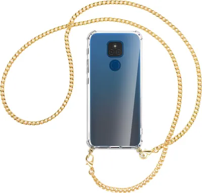 Produktbild von Handykette Backcover-Schutzhülle mit Band (Metall goldfarben) für Motorola Moto E7 Plus - türkis
