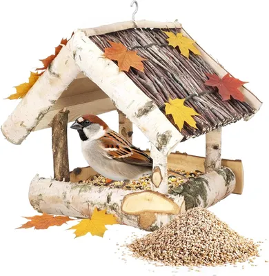 Produktbild von PATKAR Vogelhaus zum Aufhängen - Vogelfutterspender Futterhaus für Vögel - Vogelfutterhaus für Wildvögel Balkon Vogel - 26 x 25 cm - aus Birkenholz + 500g Futter Gratis
