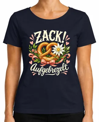 Produktbild von Zack! Aufgebrezelt   Wiesn Trachtenshirt Lederhose Wasen Damen T-Shirt, Navy, L