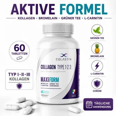 Produktbild von COLASTIN MAXiFORM Kollagen Tabletten – Mit Bromelain, Grüntee-Extrakt, L-Carnitin, Chrom, Hyaluronsäure & Biotin | 60 Tabletten | 30