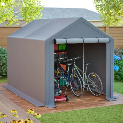Immagine prodotto di Tenda da campeggio multifunzionale – garage per biciclette e deposito per attrezzi da giardino – 296x190x200 cm – Impermeabile – Plastica – Struttura in metallo – Grigio scuro