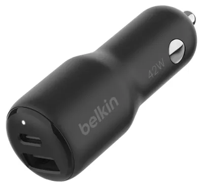 A black car charger with two ports, one USB-C and one USB-A, is shown against a white background.