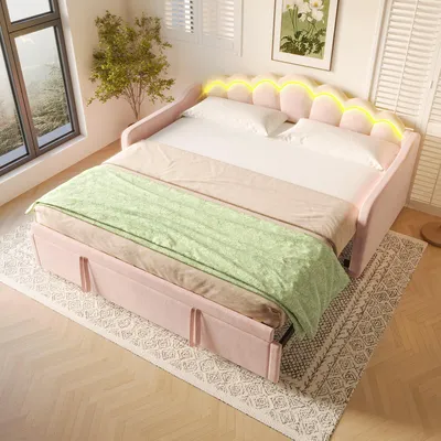 Image de MODFU Lit Gigogne 90x200 cm - Lit Simple avec Tiroir Escamotable et Éclairage LED - Sans Matelas - Velours + MDF - Rose
