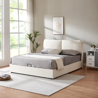 A bedroom scene with a bed, nightstand, and window.