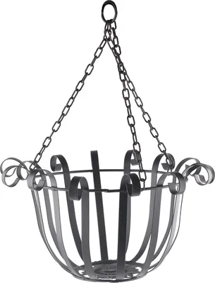 A black metal hanging basket with chains, isolated on a white background.