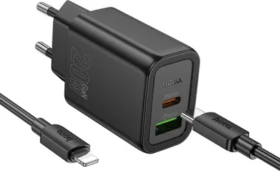 Image de Hoco Chargeur 20W GaN USB-C + USB-A Alimentation | Chargeur rapide PD QC 3.0 | Chargeur de téléphone portable noir pour iPhone & Samsung Smartphone Adaptateur de charge y compris câble de charge Lightning